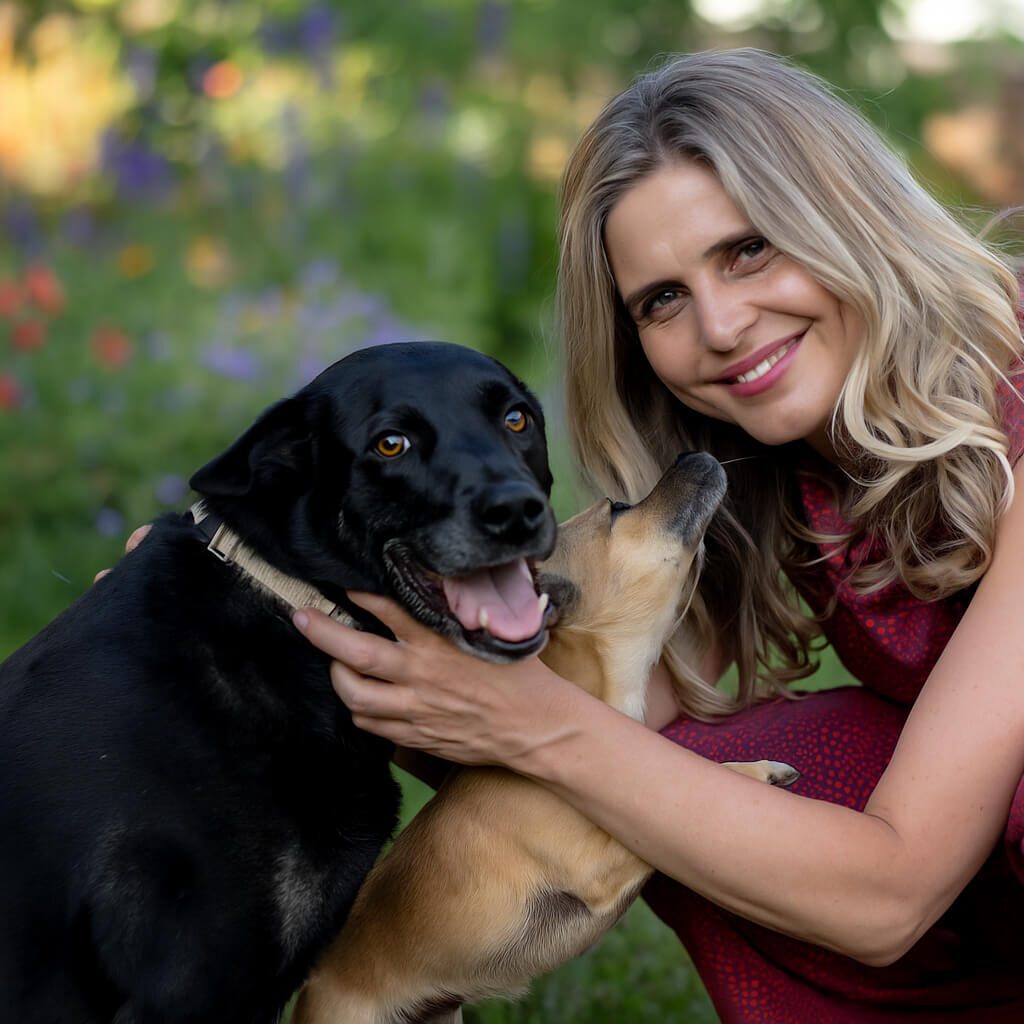 Woman Posing With Black Dog female veterinarian posing outside with black dog